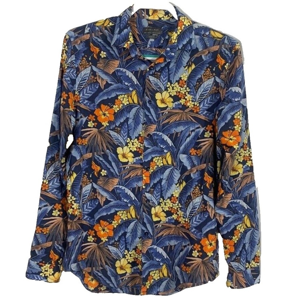 Zara Slim Fit Mens Blue Mix Long Sleeved Shirt Floral Tropical Sz M 100% Cotton
